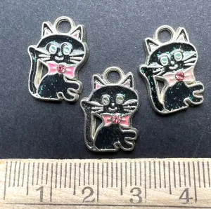 3 Black Cat Enamel Charms - 1.7cm tall