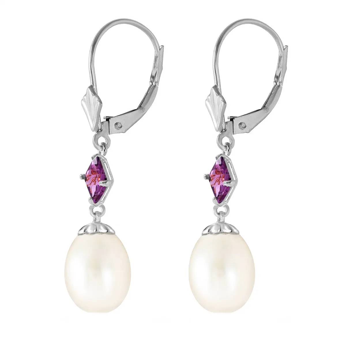 9.5 Carat 14K Solid White Gold Over My Head Pearl Amethyst Earrings