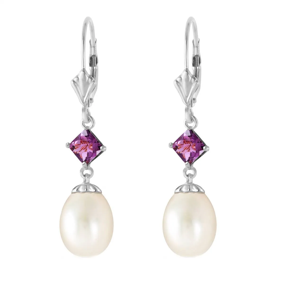 9.5 Carat 14K Solid White Gold Over My Head Pearl Amethyst Earrings