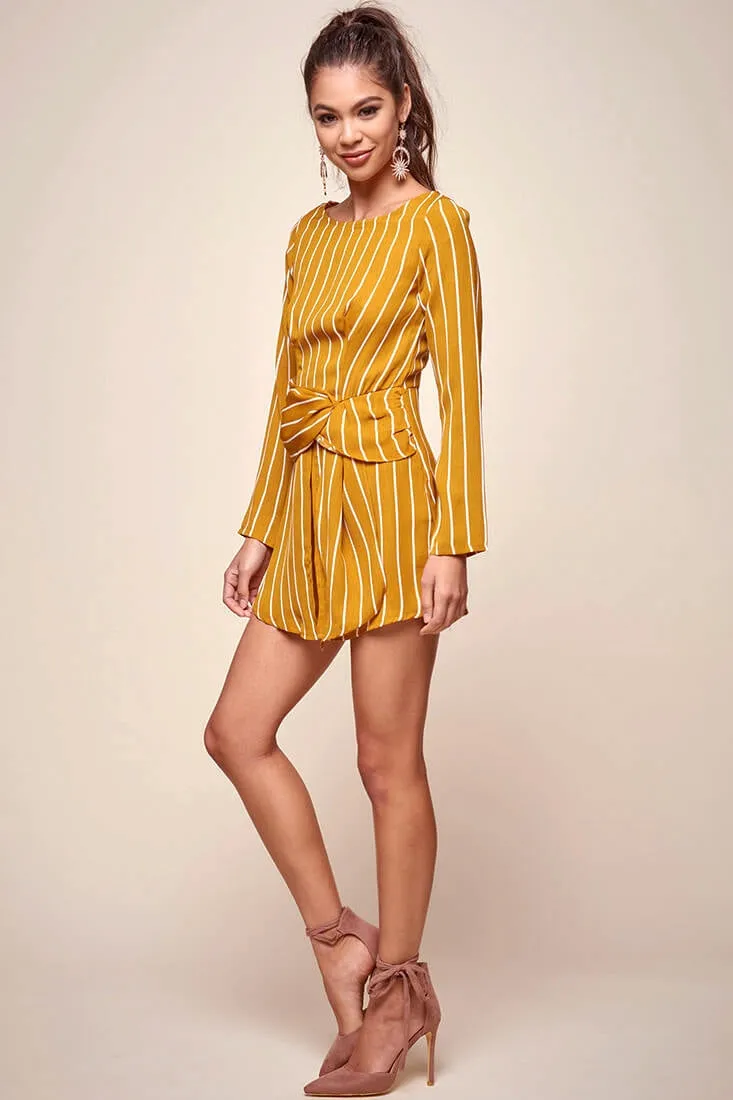 Abbey Waist Tie Pinstripe Romper Mustard & White