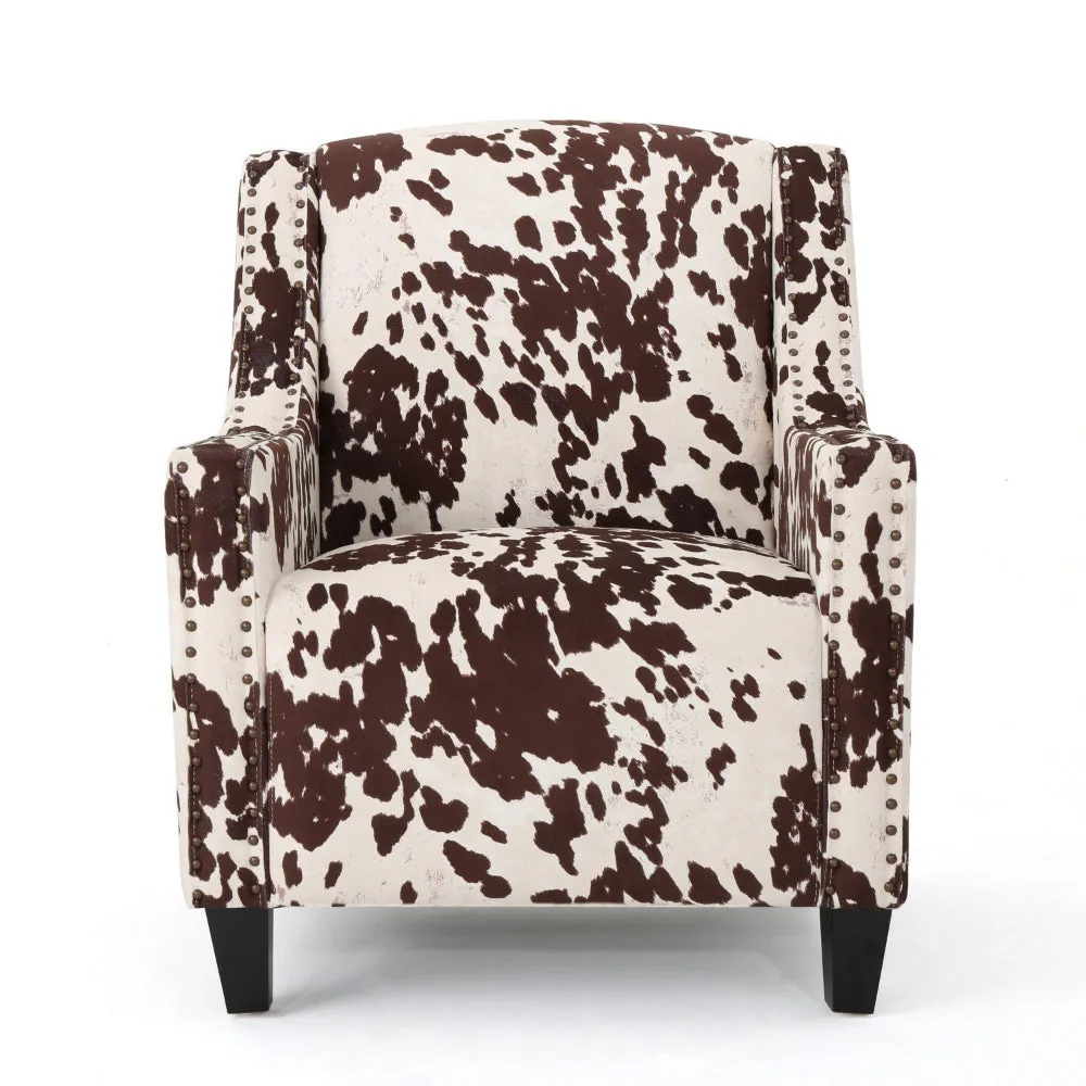 Accent Chair, Sloped Arms, Nailhead, Cowhide Design White Velvet Upholstery By Casagear Home