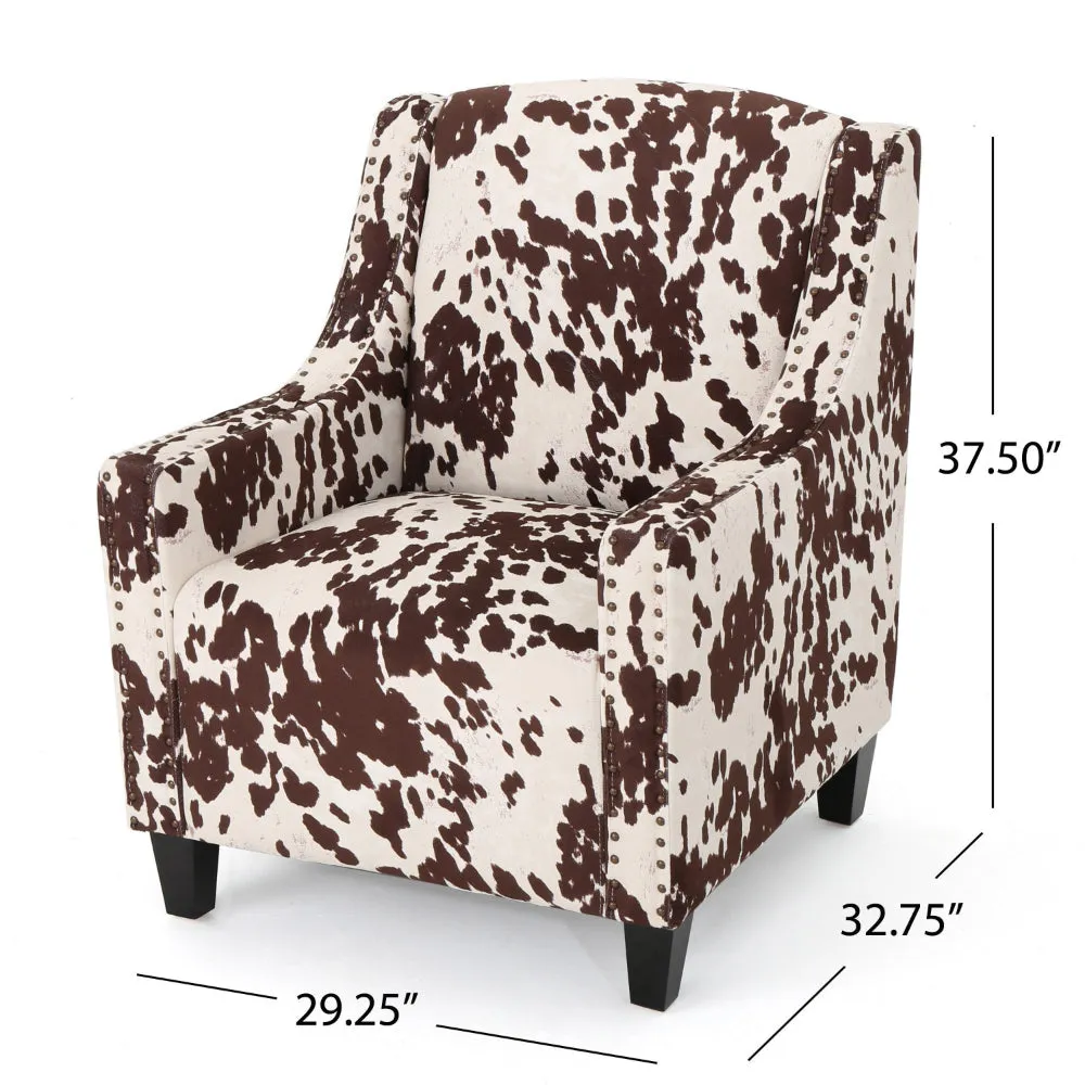 Accent Chair, Sloped Arms, Nailhead, Cowhide Design White Velvet Upholstery By Casagear Home