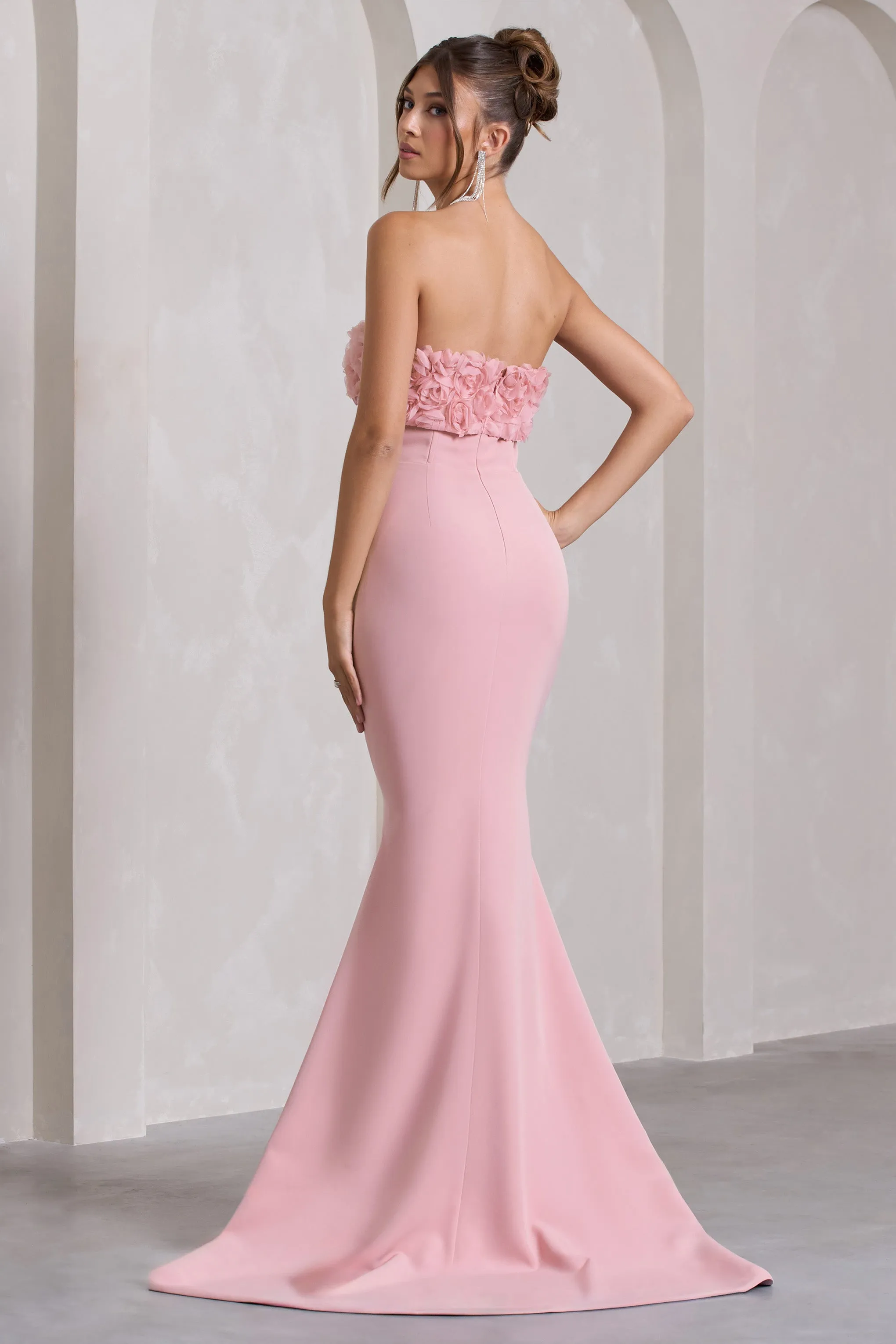 Allegra | Pink Bandeau Split Fishtail Maxi Dress With Flowers