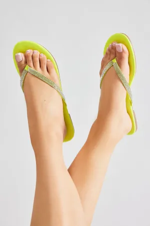 Amozae-Alina Rhinestone Flip Flops - Neon Yellow