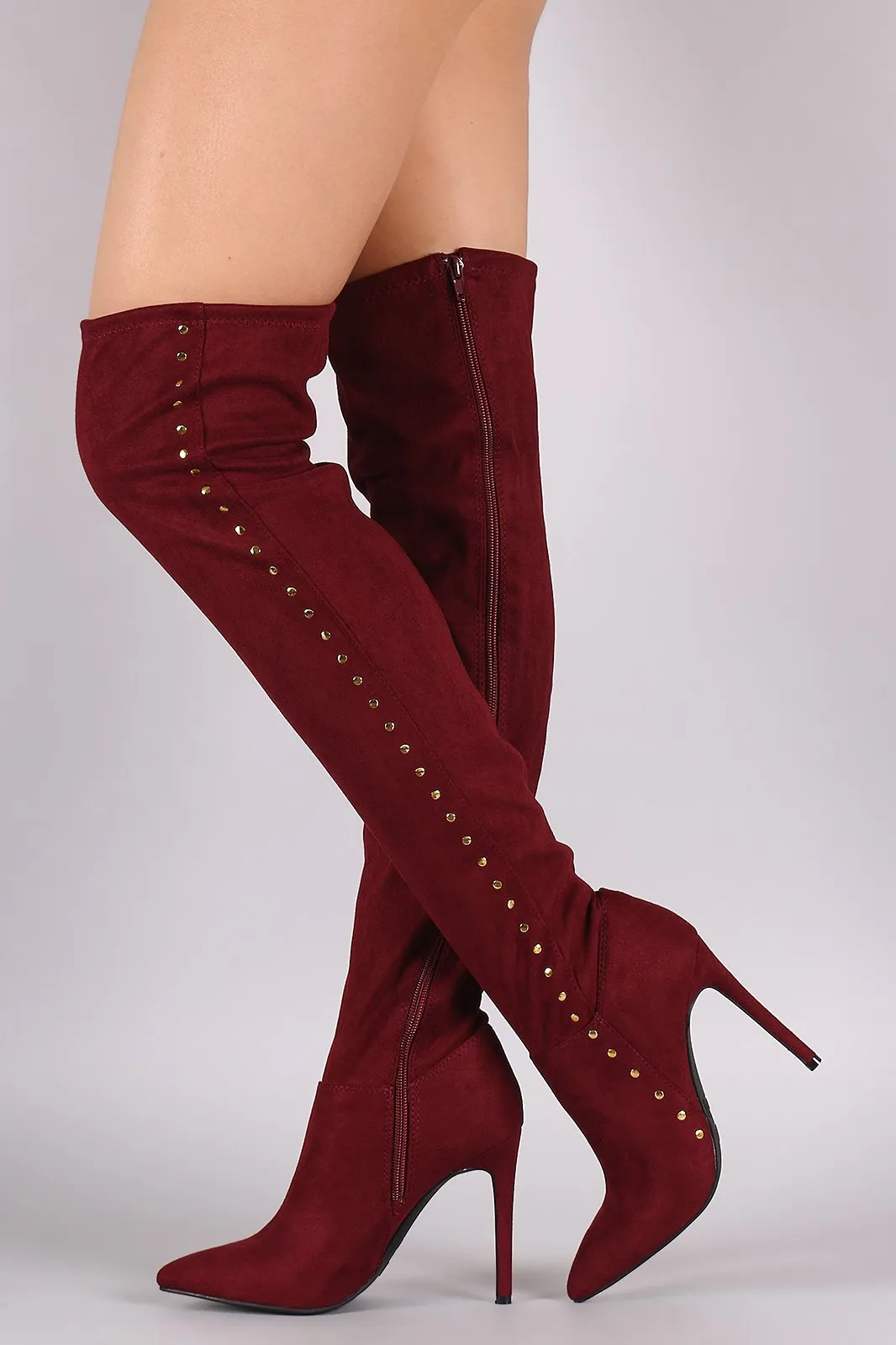 Anne Michelle Stretchy Suede Side Studded Over-The-Knee Boots