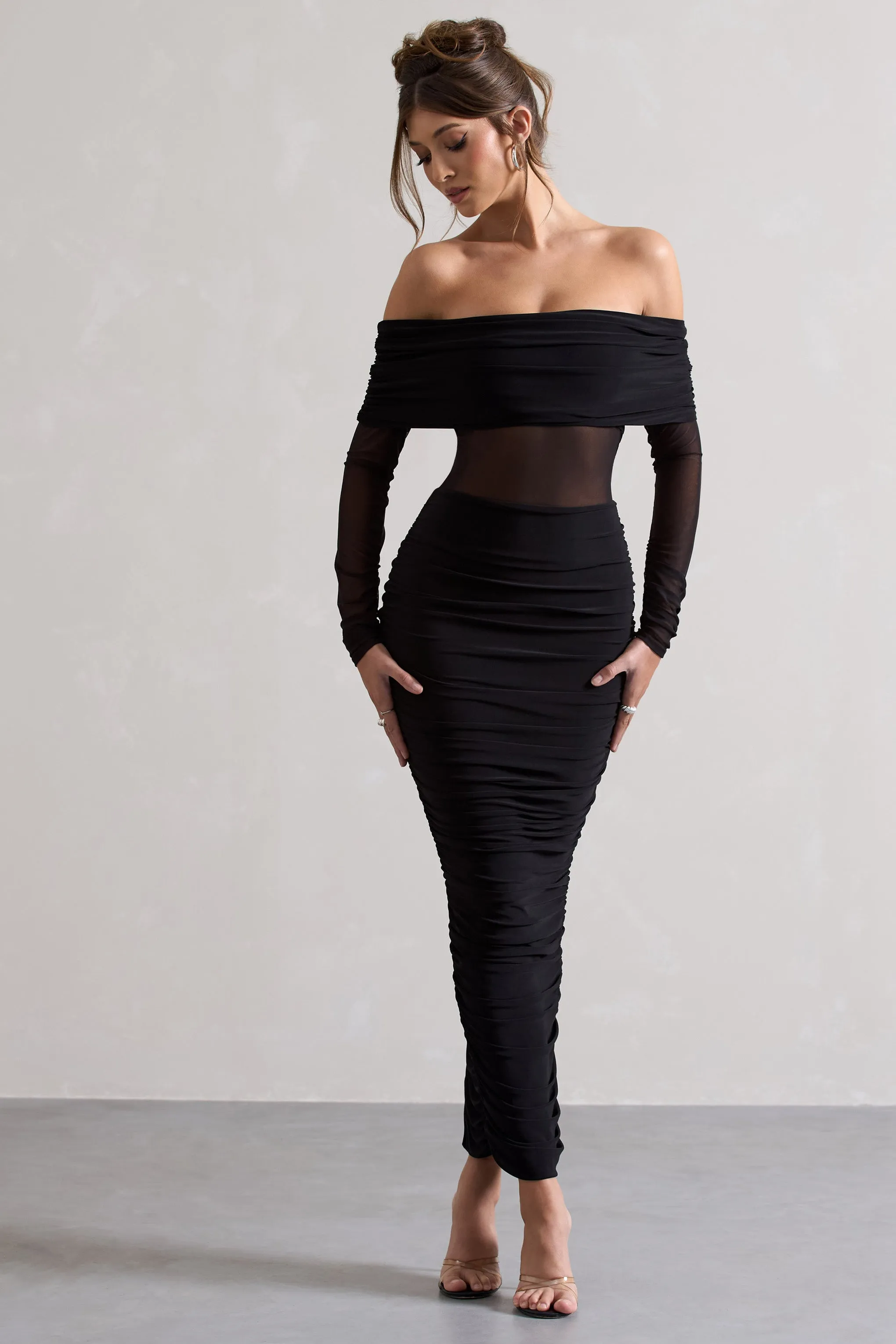 Apollo | Black Ruched Bardot Long-Sleeve Maxi Dress