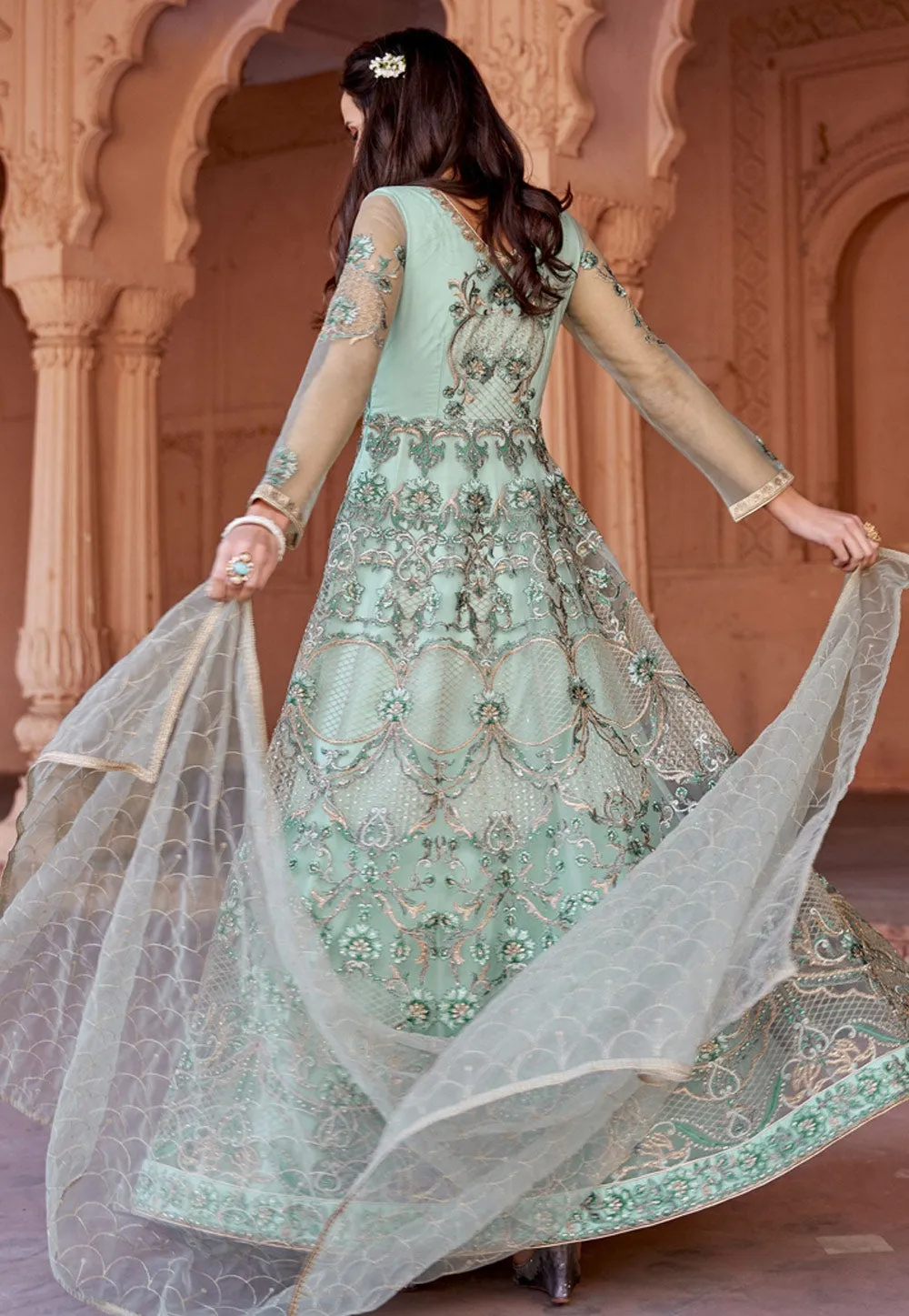 Aqua Blue Multi Embroidered Net Anarkali Suit