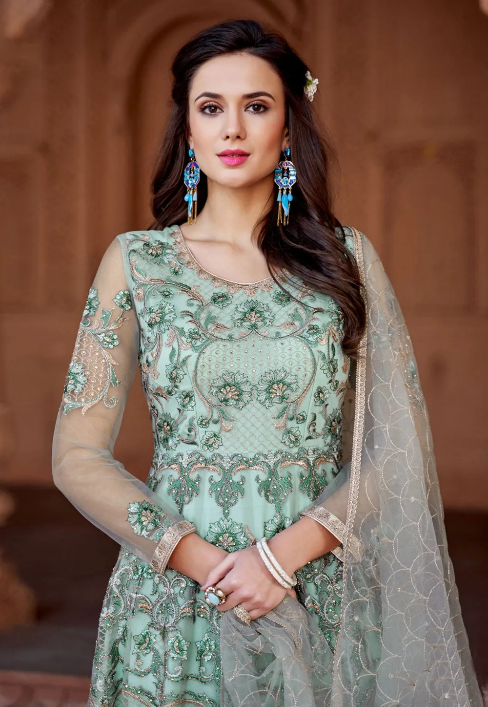 Aqua Blue Multi Embroidered Net Anarkali Suit