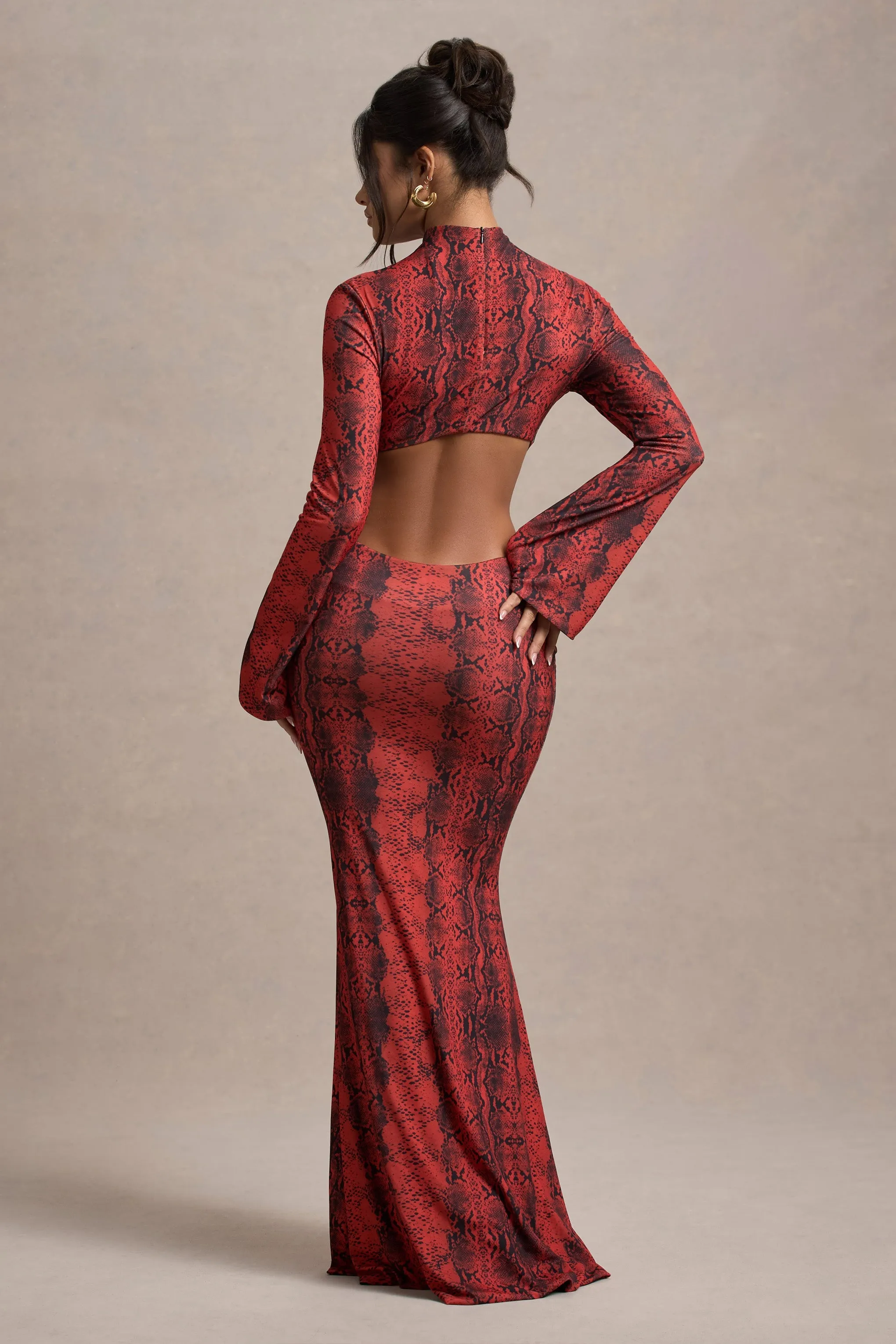 Arabia | Red Snake Print High-Neck Cut-Out Maxi Dress