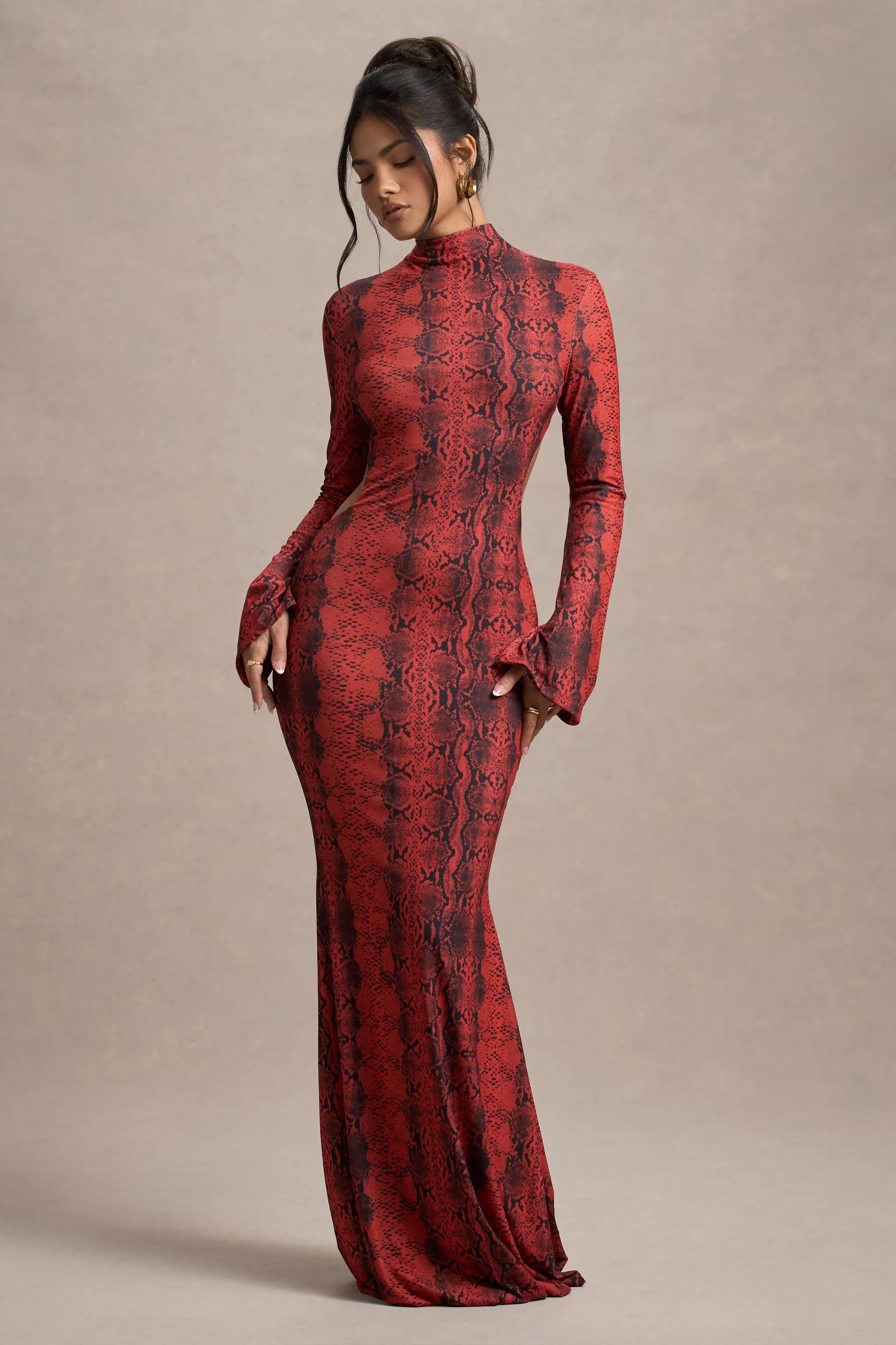 Arabia | Red Snake Print High-Neck Cut-Out Maxi Dress