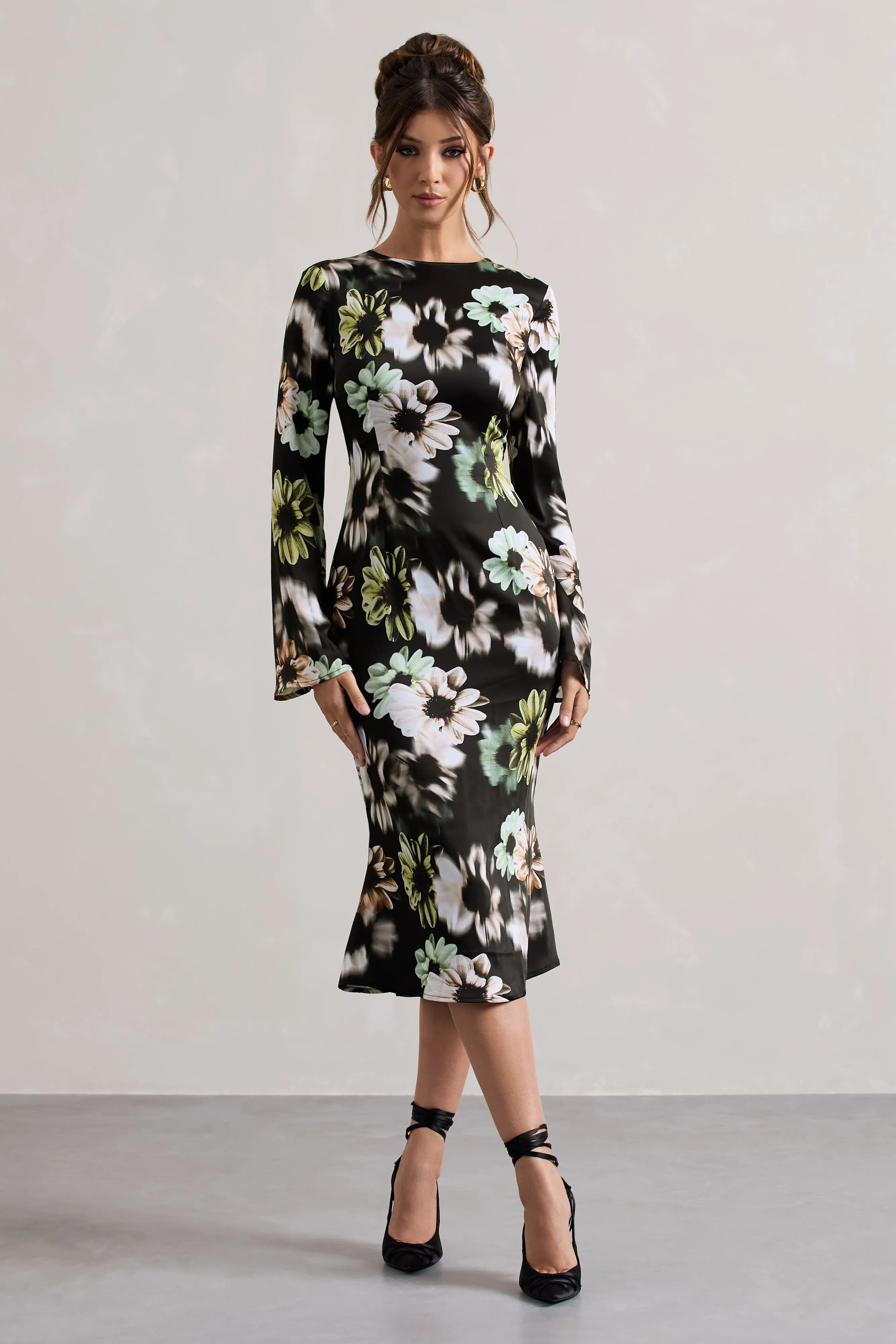 Arlitta | Black Floral Print Satin Long-Sleeve Midi Dress