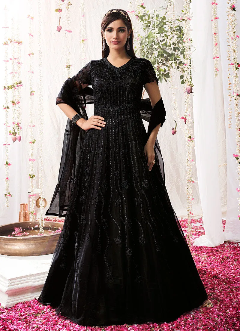 Black All Over Embroidered Festive Anarkali Suit