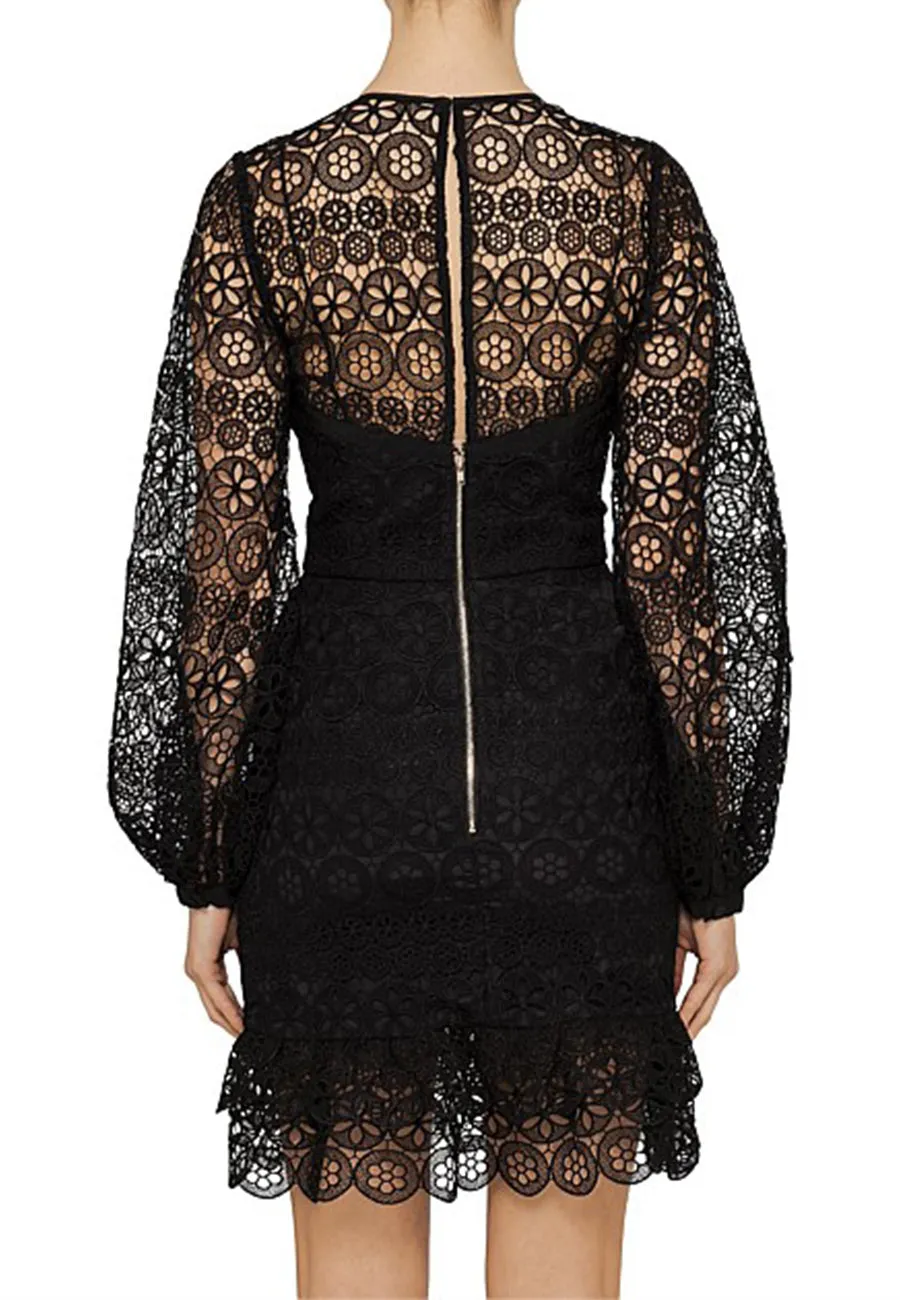 Black Circle Floral Lace Long Sleeves Mini Dress