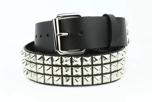 Black Leather Belt w/ 3 Rows of Silver Pyramid Studs