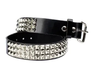 Black Leather Belt w/ 3 Rows of Silver Pyramid Studs