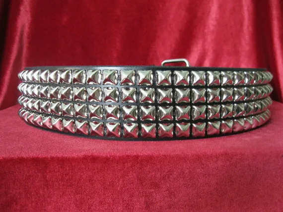 Black Leather Belt w/ 4 Rows of Silver Pyramid Studs