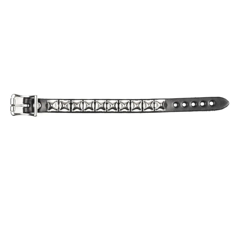 Black Leather Bracelet w/ 1 Row of Silver Pyramid Studs