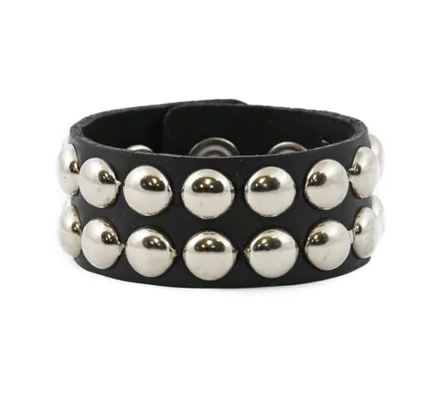 Black Leather Bracelet w/ 2 Rows of Round Silver Studs