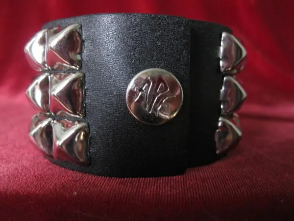 Black Leather Bracelet w/ 3 Rows of Silver Pyramid Studs