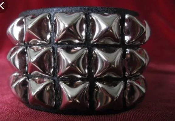 Black Leather Bracelet w/ 3 Rows of Silver Pyramid Studs