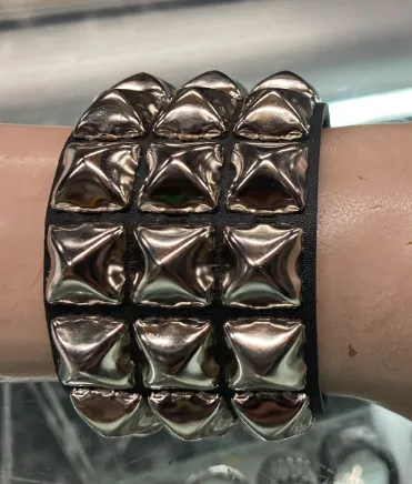 Black Leather Bracelet w/ 3 Rows of Silver Pyramid Studs