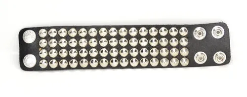 Black Leather Bracelet w/ 4 Rows of Silver Conical Studs