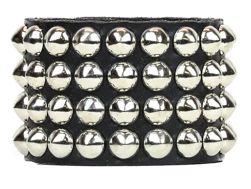 Black Leather Bracelet w/ 4 Rows of Silver Conical Studs