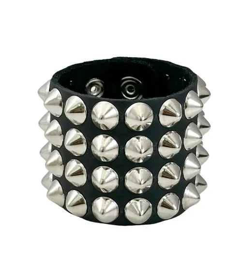 Black Leather Bracelet w/ 4 Rows of Silver Conical Studs