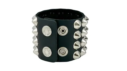 Black Leather Bracelet w/ 4 Rows of Silver Conical Studs