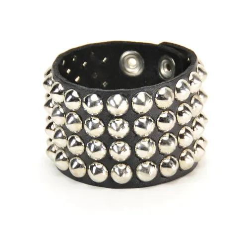 Black Leather Bracelet w/ 4 Rows of Silver Conical Studs