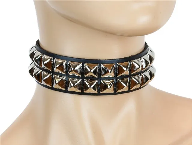 Black Leather Collar w/ 2 Rows Silver Pyramid Studs