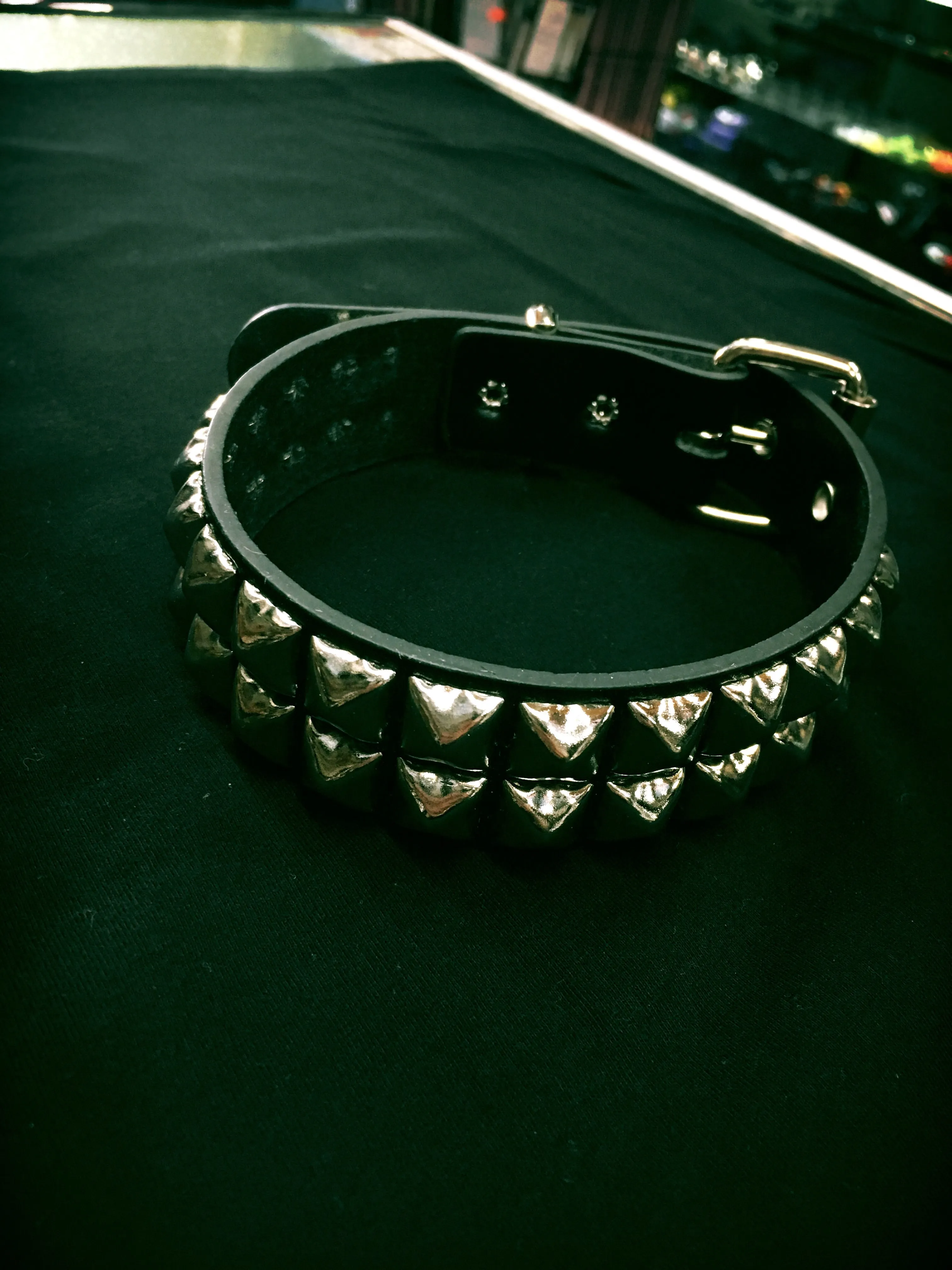 Black Leather Collar w/ 2 Rows Silver Pyramid Studs