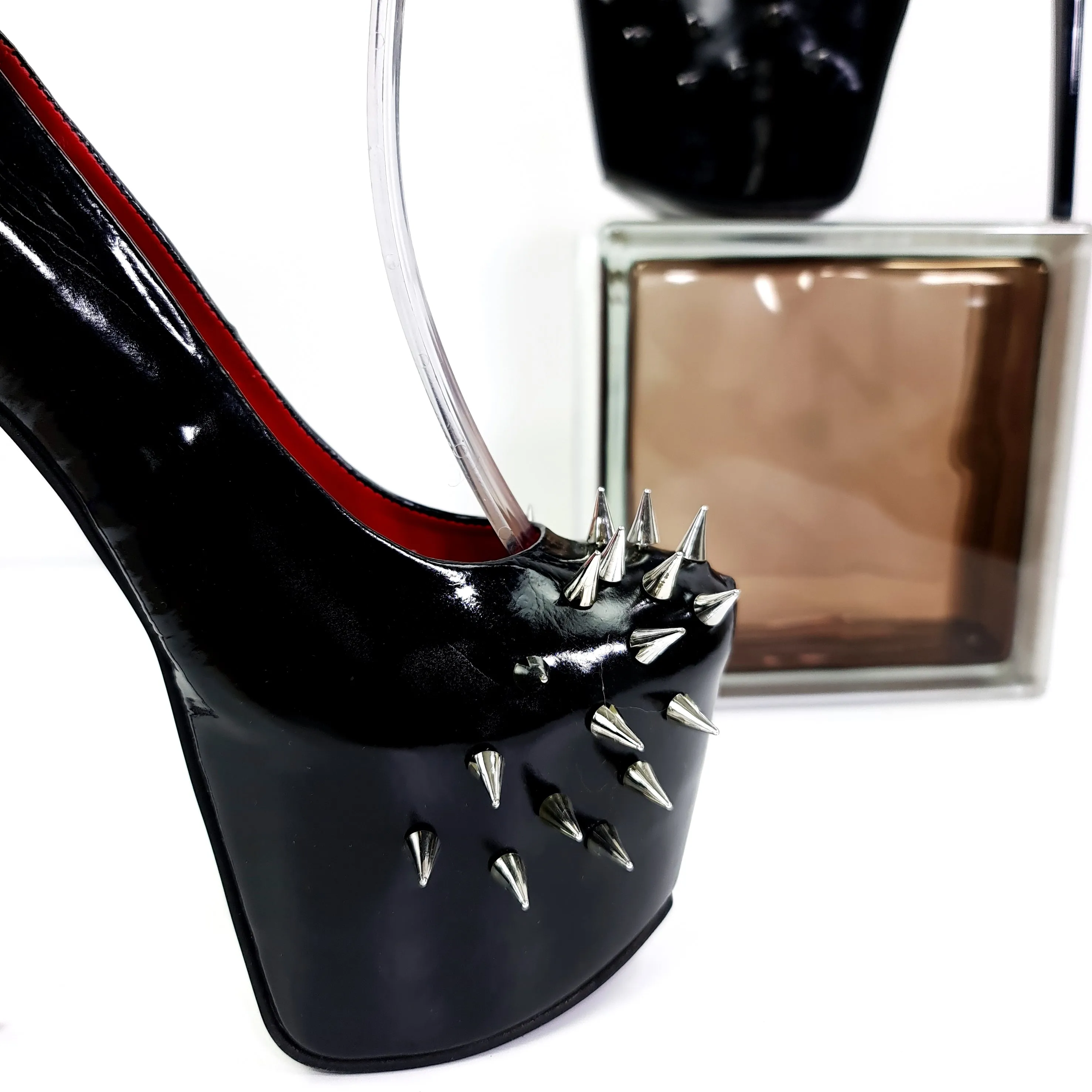 Black Long Spike Ankle Strap Fetish Heels