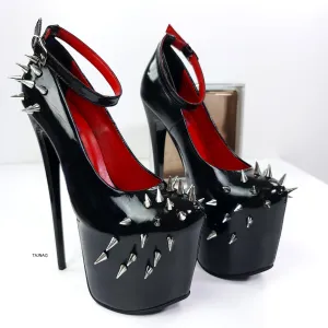 Black Long Spike Ankle Strap Fetish Heels