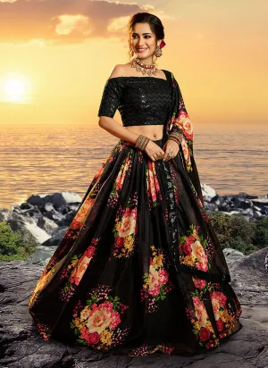 Black Multicoloured Floral Printed Lehenga Choli