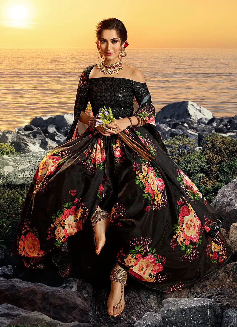 Black Multicoloured Floral Printed Lehenga Choli