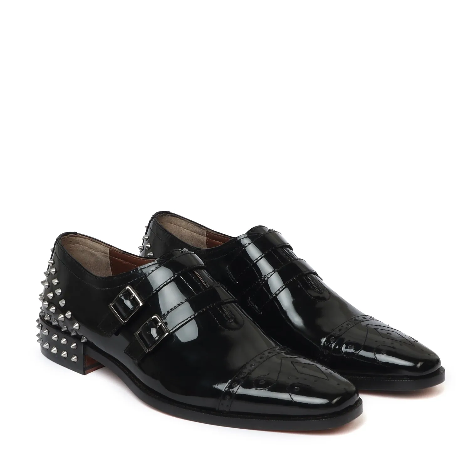 Black Patent Leather Silver Studded Heel-Cap Parallel Double Monk Straps Shoes by Brune & Bareskin