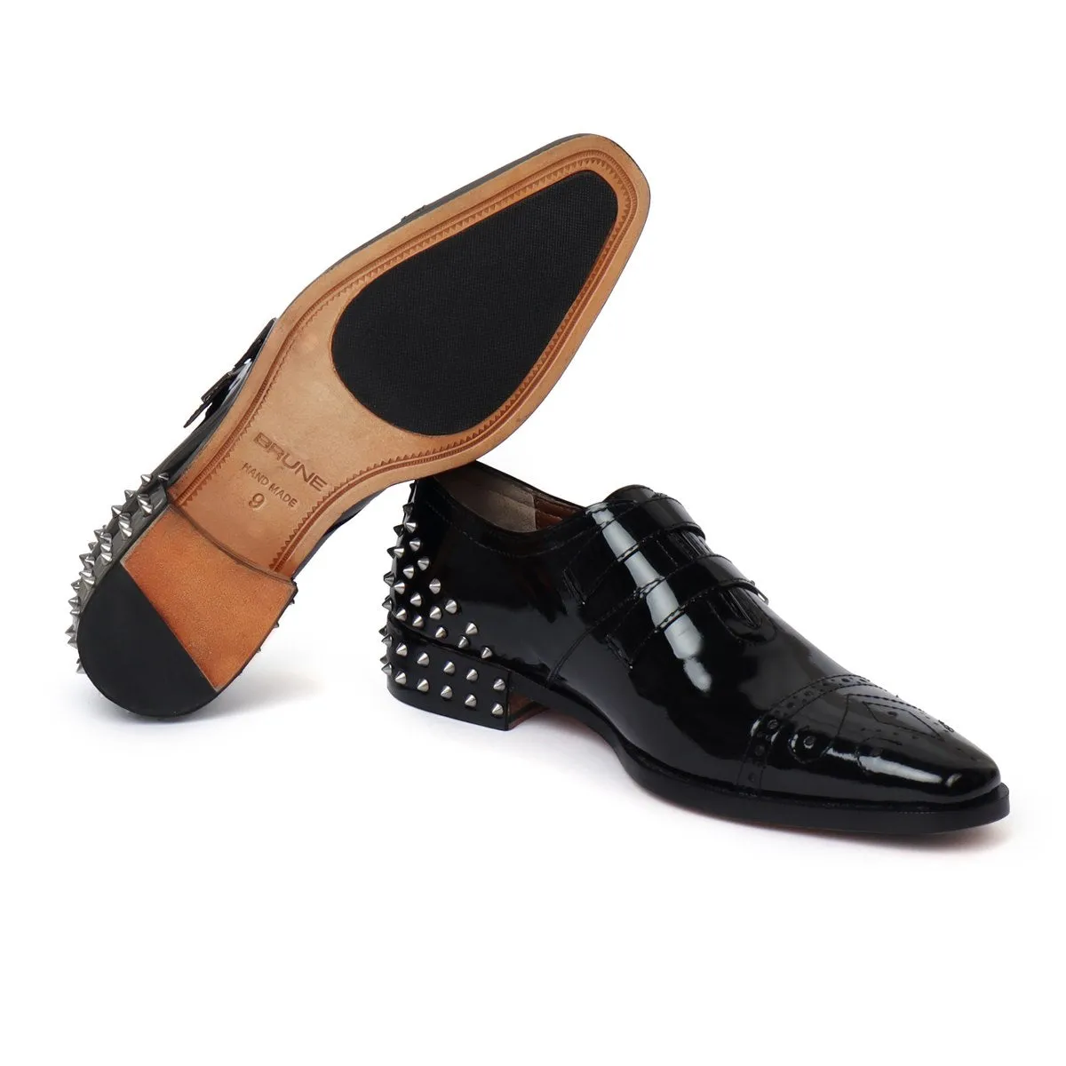 Black Patent Leather Silver Studded Heel-Cap Parallel Double Monk Straps Shoes by Brune & Bareskin