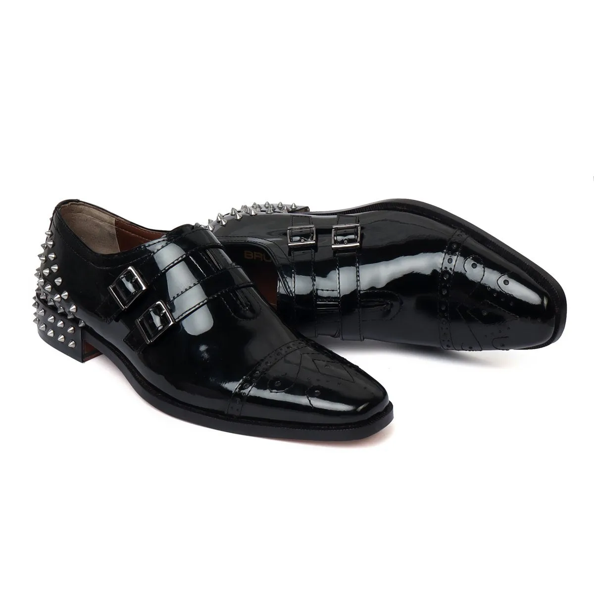 Black Patent Leather Silver Studded Heel-Cap Parallel Double Monk Straps Shoes by Brune & Bareskin