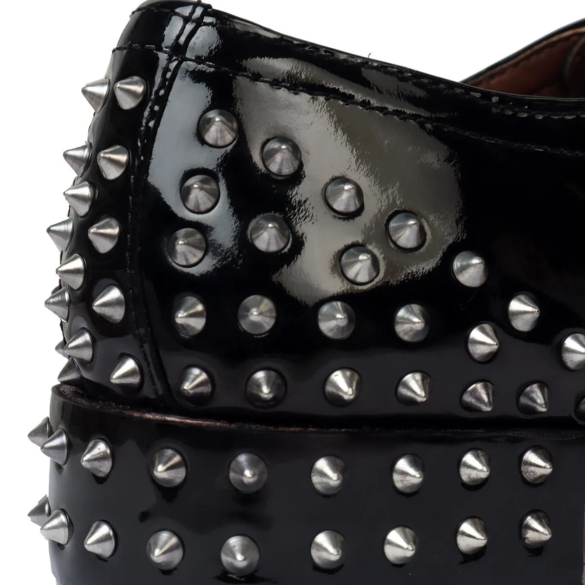 Black Patent Leather Silver Studded Heel-Cap Parallel Double Monk Straps Shoes by Brune & Bareskin