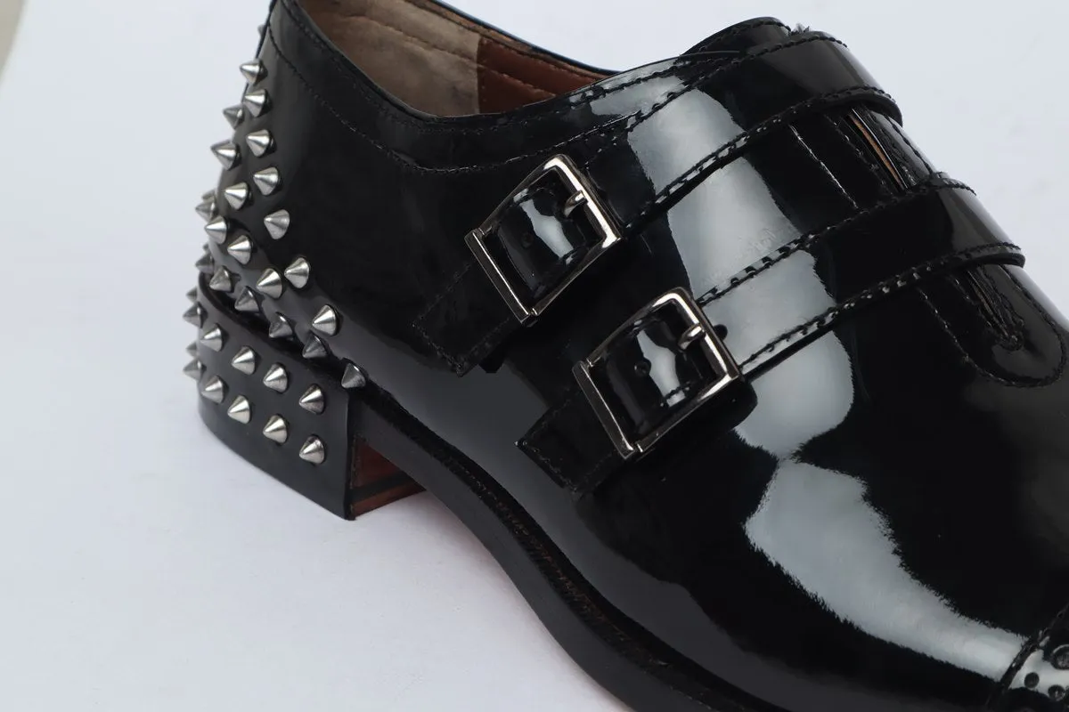 Black Patent Leather Silver Studded Heel-Cap Parallel Double Monk Straps Shoes by Brune & Bareskin