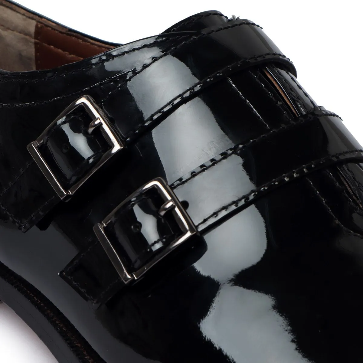 Black Patent Leather Silver Studded Heel-Cap Parallel Double Monk Straps Shoes by Brune & Bareskin