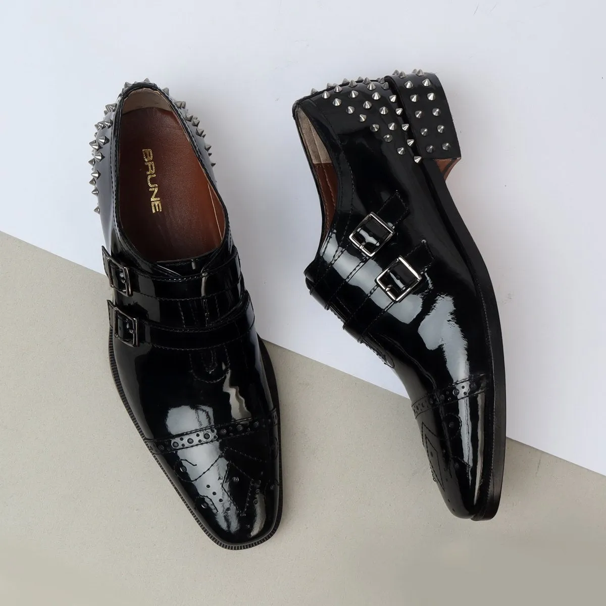 Black Patent Leather Silver Studded Heel-Cap Parallel Double Monk Straps Shoes by Brune & Bareskin