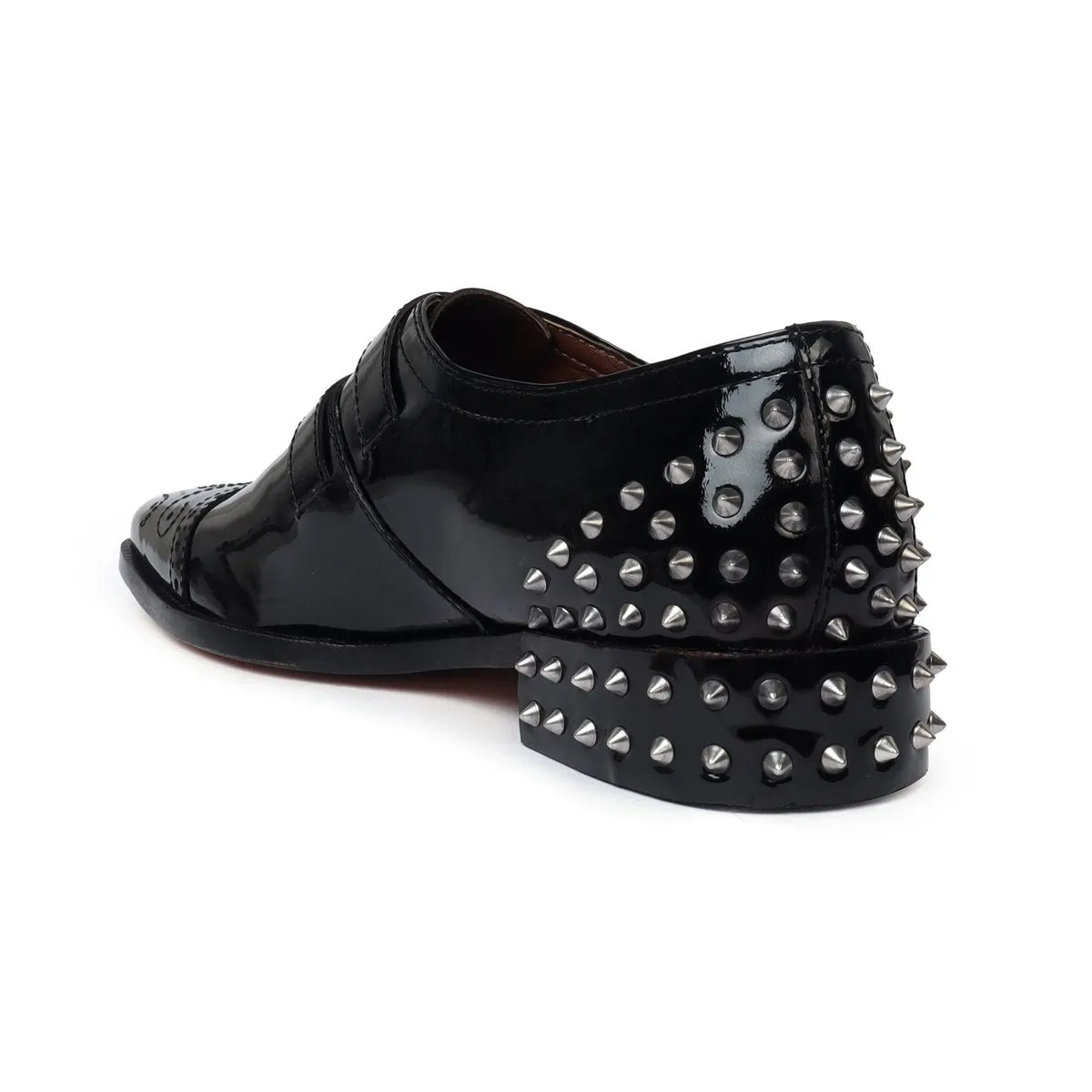 Black Patent Leather Silver Studded Heel-Cap Parallel Double Monk Straps Shoes by Brune & Bareskin