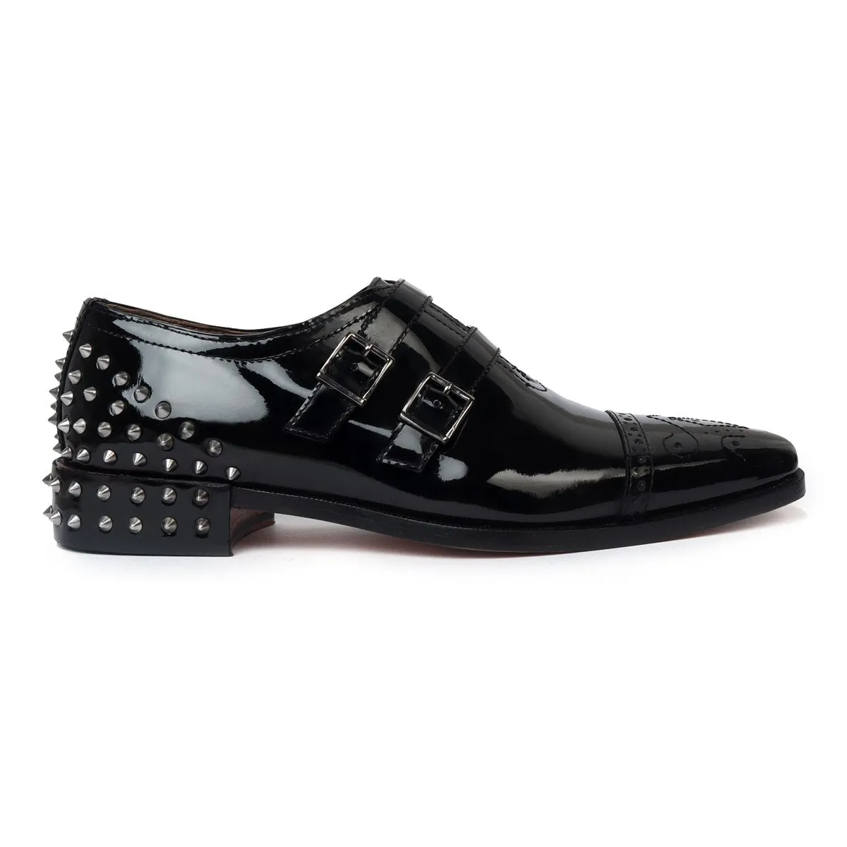 Black Patent Leather Silver Studded Heel-Cap Parallel Double Monk Straps Shoes by Brune & Bareskin