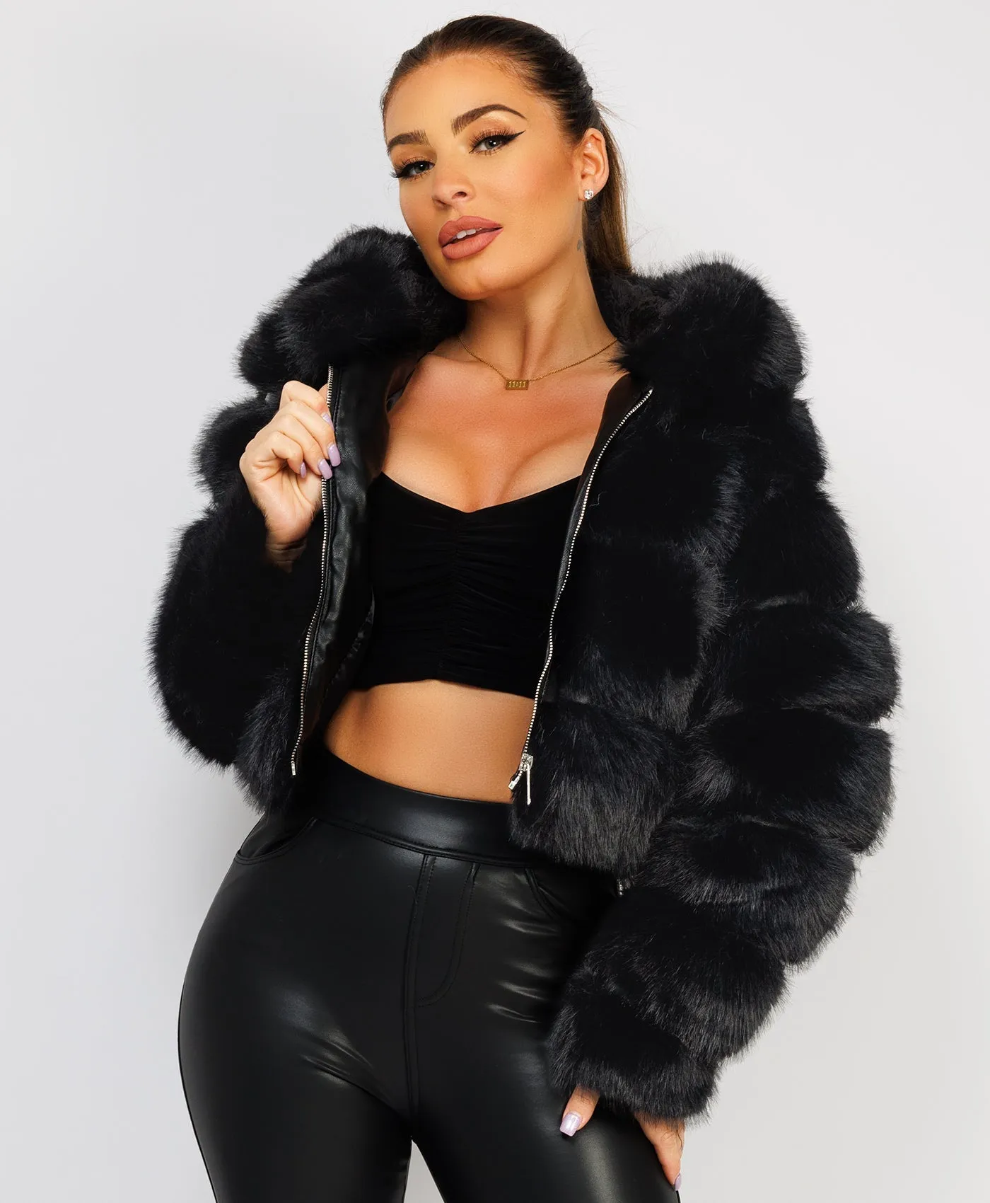 Black Premium Hooded Faux Fur Tiered Coat Jacket