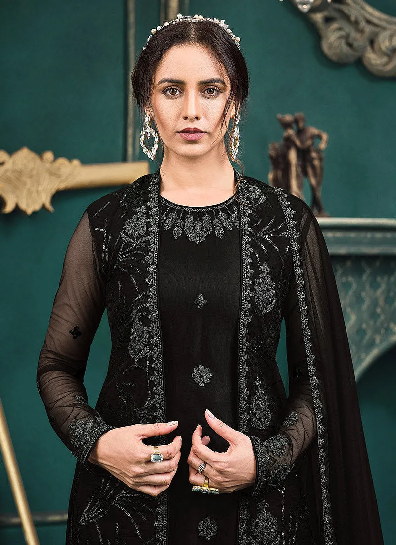 Black Traditional Embroidered Jacket Style Pant Suit