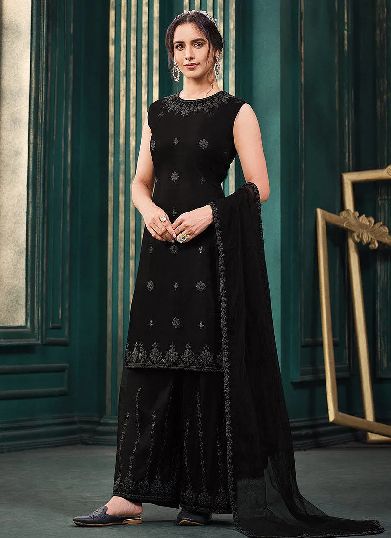 Black Traditional Embroidered Jacket Style Pant Suit