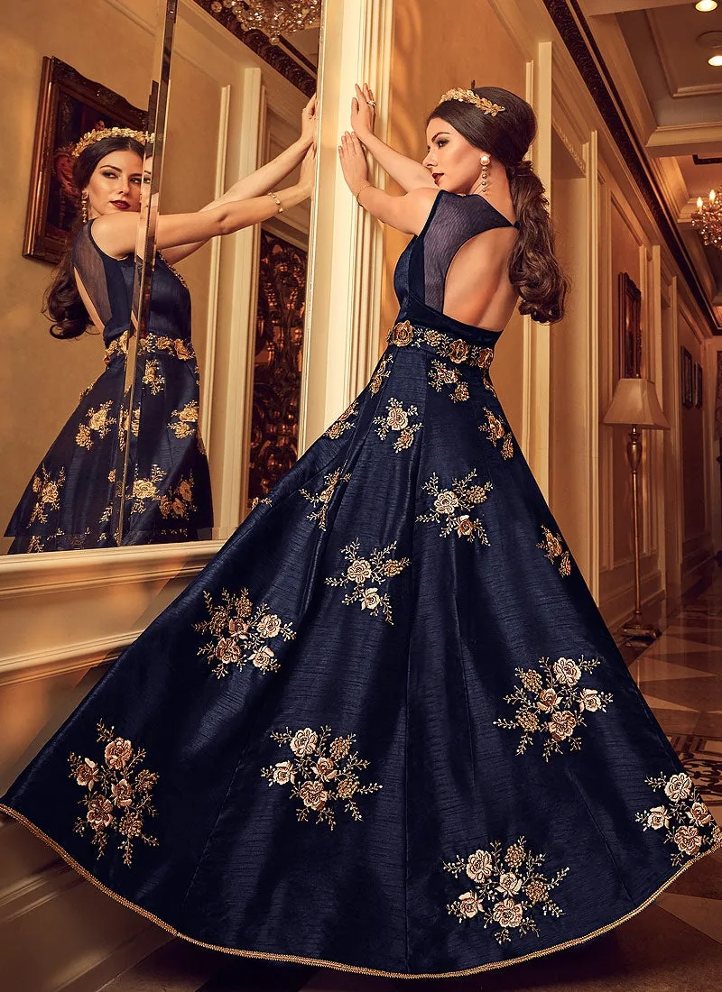 Blue With Detailed Bunch Embroidered Anarkali Suit