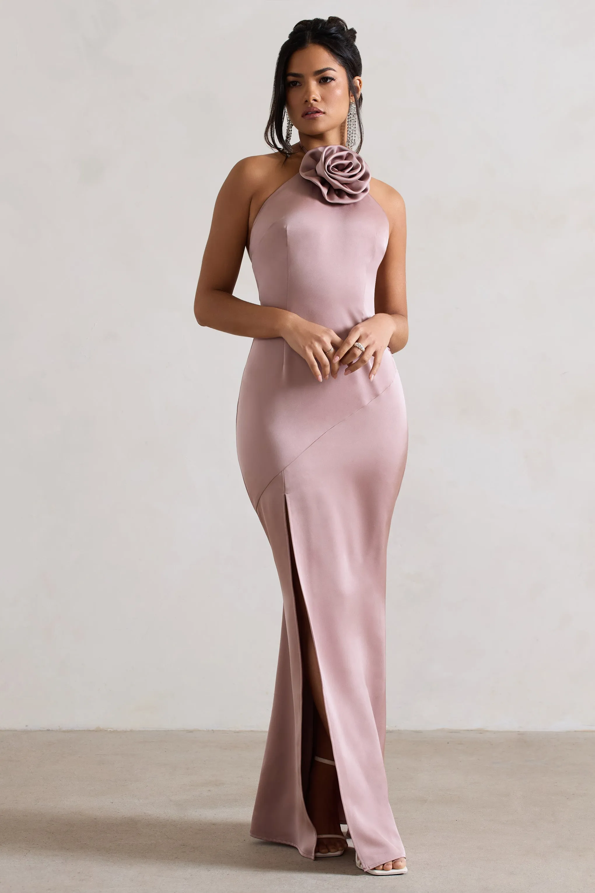 Cesca | Blush Pink Satin Halter-Neck Maxi Dress With Flower Corsage